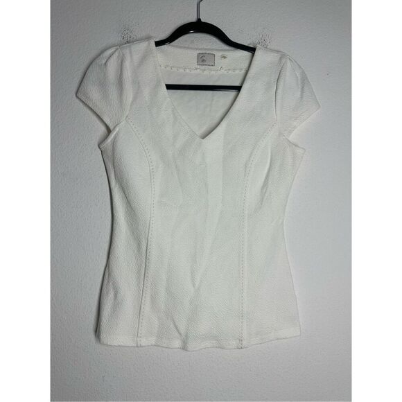 Anthropologie Postage Stamp VNeck Blouse Top Stretch Ivory Cap Sleeve Size M - Picture 1 of 10